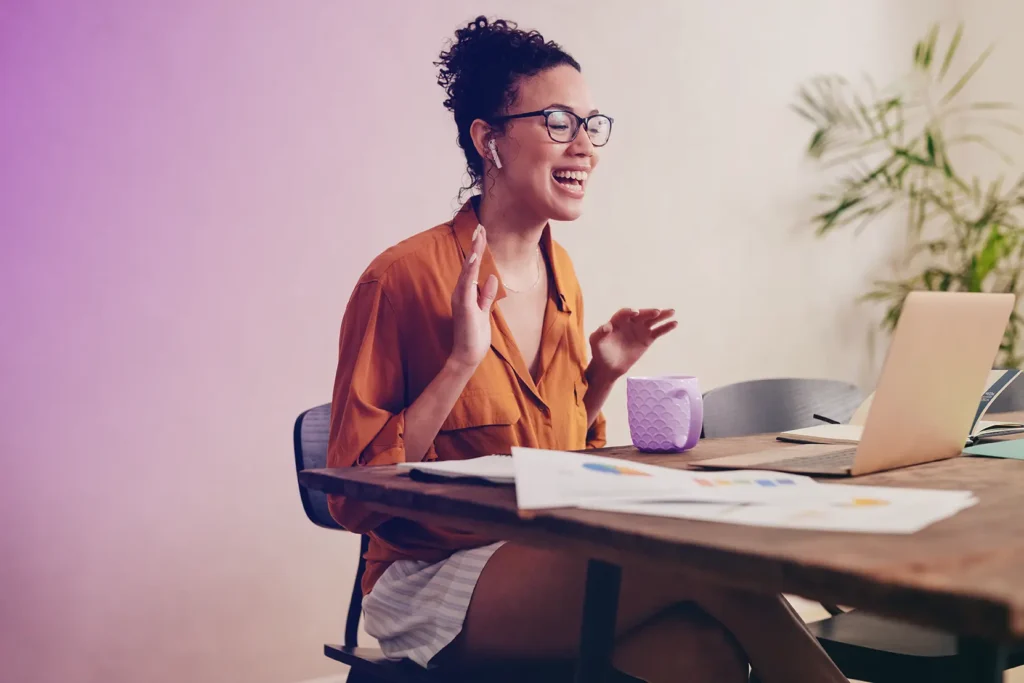 lady happy on virtual call